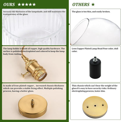 2-Pack Vintage Pendant Lights – Brass Finish with Clear Striped Glass