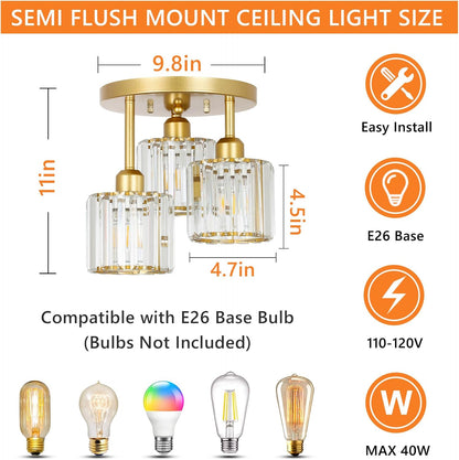 3-Light Modern Crystal Semi Flush Mount Ceiling Light – Gold Finish