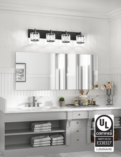 4-Light Matte Black Crystal Bathroom Vanity Light