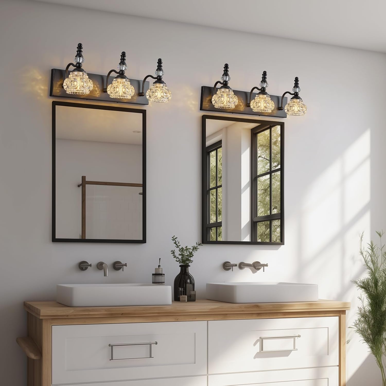 3-Light Black Crystal Bathroom Vanity Light