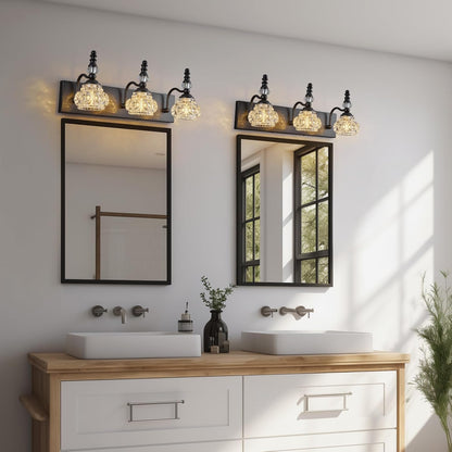 3-Light Black Crystal Bathroom Vanity Light
