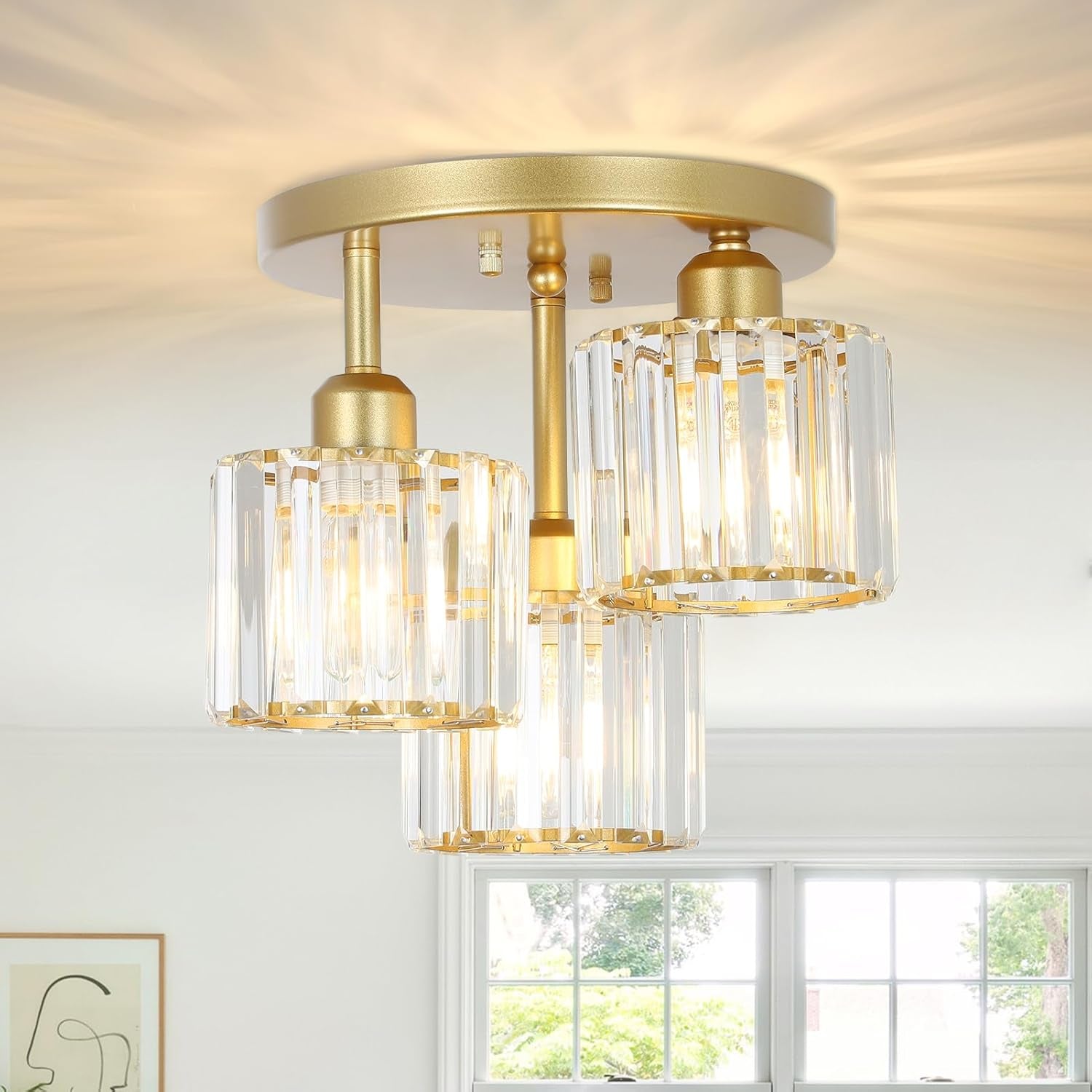 3-Light Modern Crystal Semi Flush Mount Ceiling Light – Gold Finish