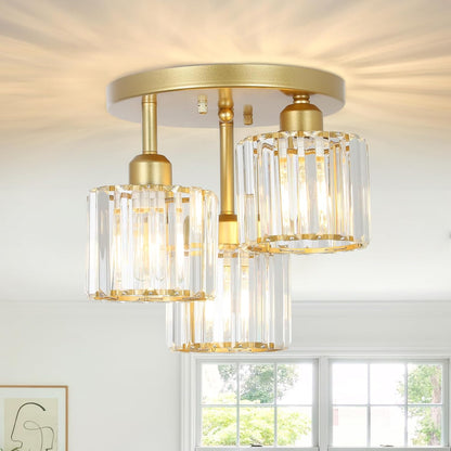 3-Light Modern Crystal Semi Flush Mount Ceiling Light – Gold Finish