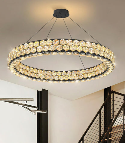 Modern 2-Ring Gold Crystal LED Chandelier