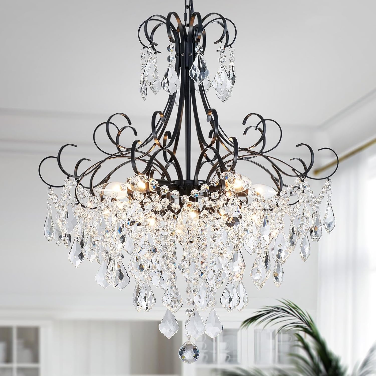 10-Light Black Crystal Chandelier – Modern Pendant