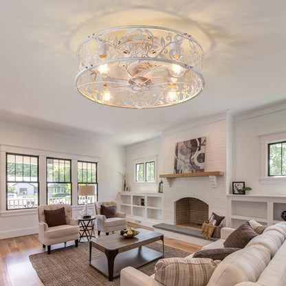 20" Caged Ceiling Fan with Light – White Gold Finish
