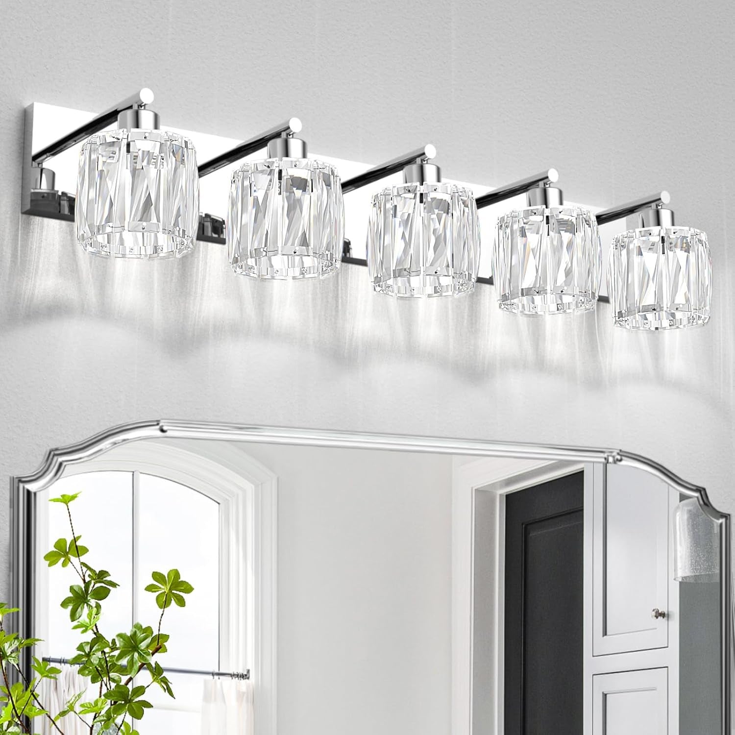 4-Light Matte Black Crystal Bathroom Vanity Light