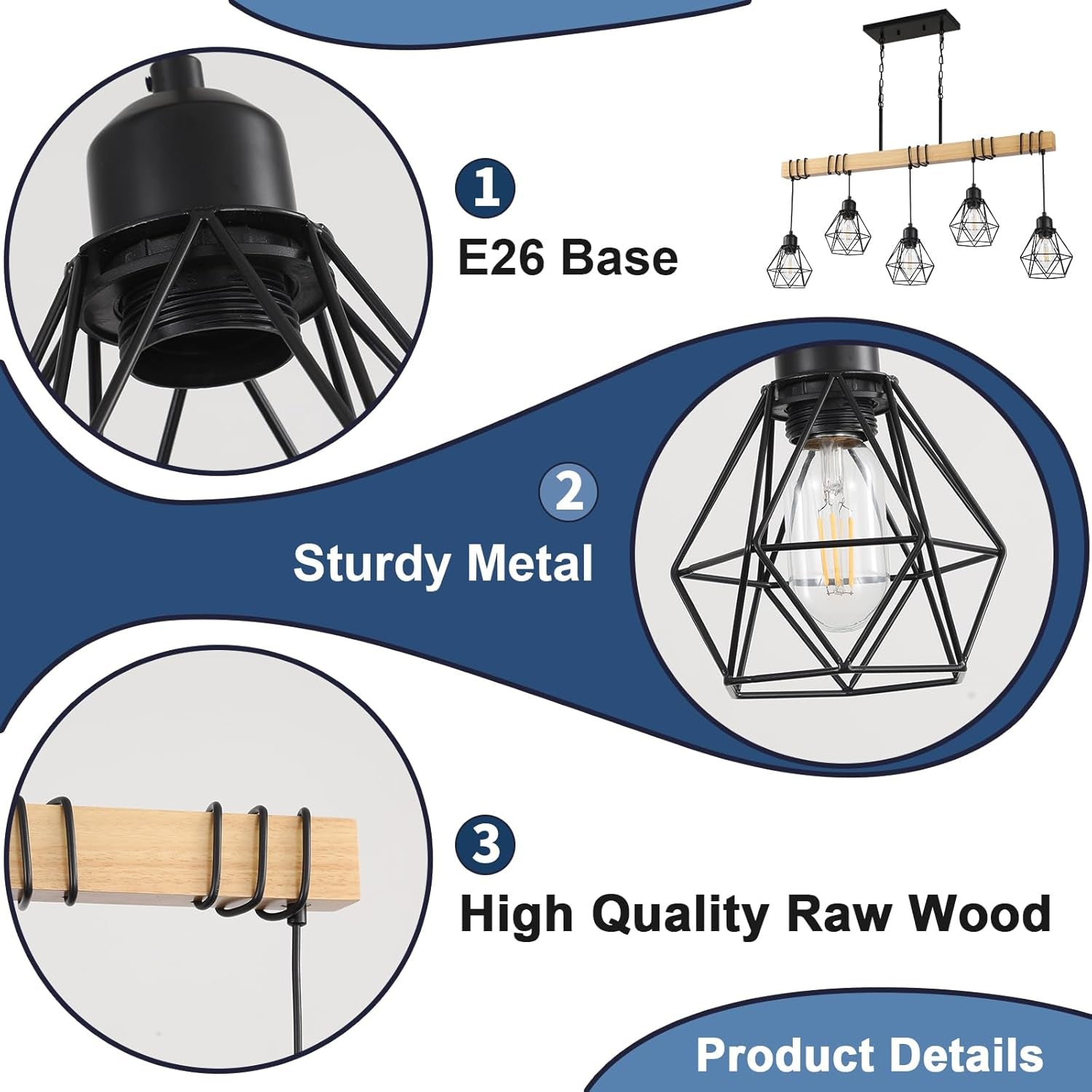 5-Light Farmhouse Chandelier – Wood & Black Frame