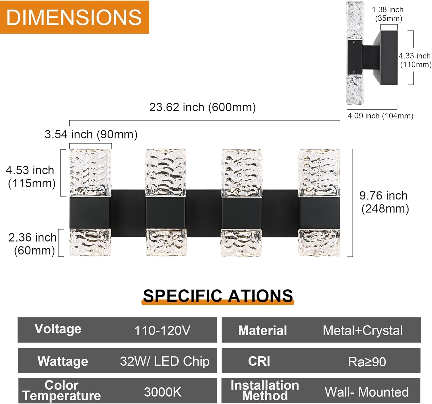 4-Light LED Black Bathroom Vanity Wall Fixture