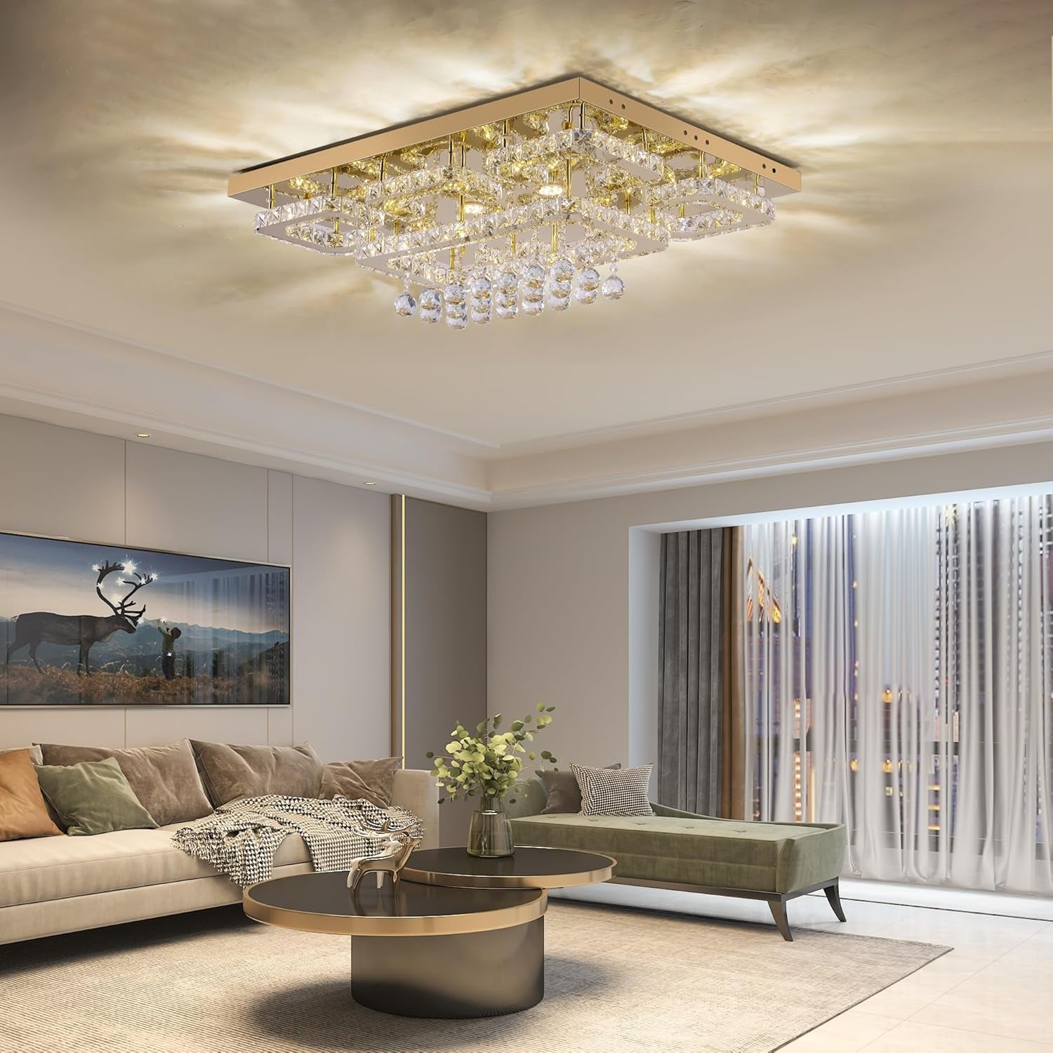 Gold 32" Rectangular Crystal LED Chandelier